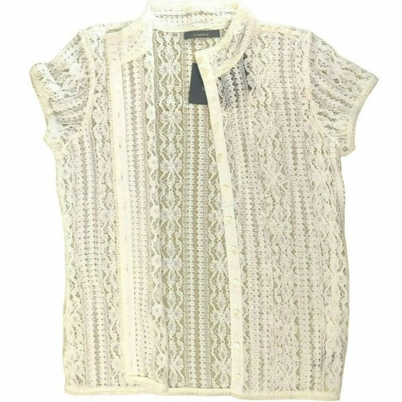 NWT Liz Claiborne Size M White Sheer Lace Button Down Short Sleeve Blouse - Picture 2 of 15